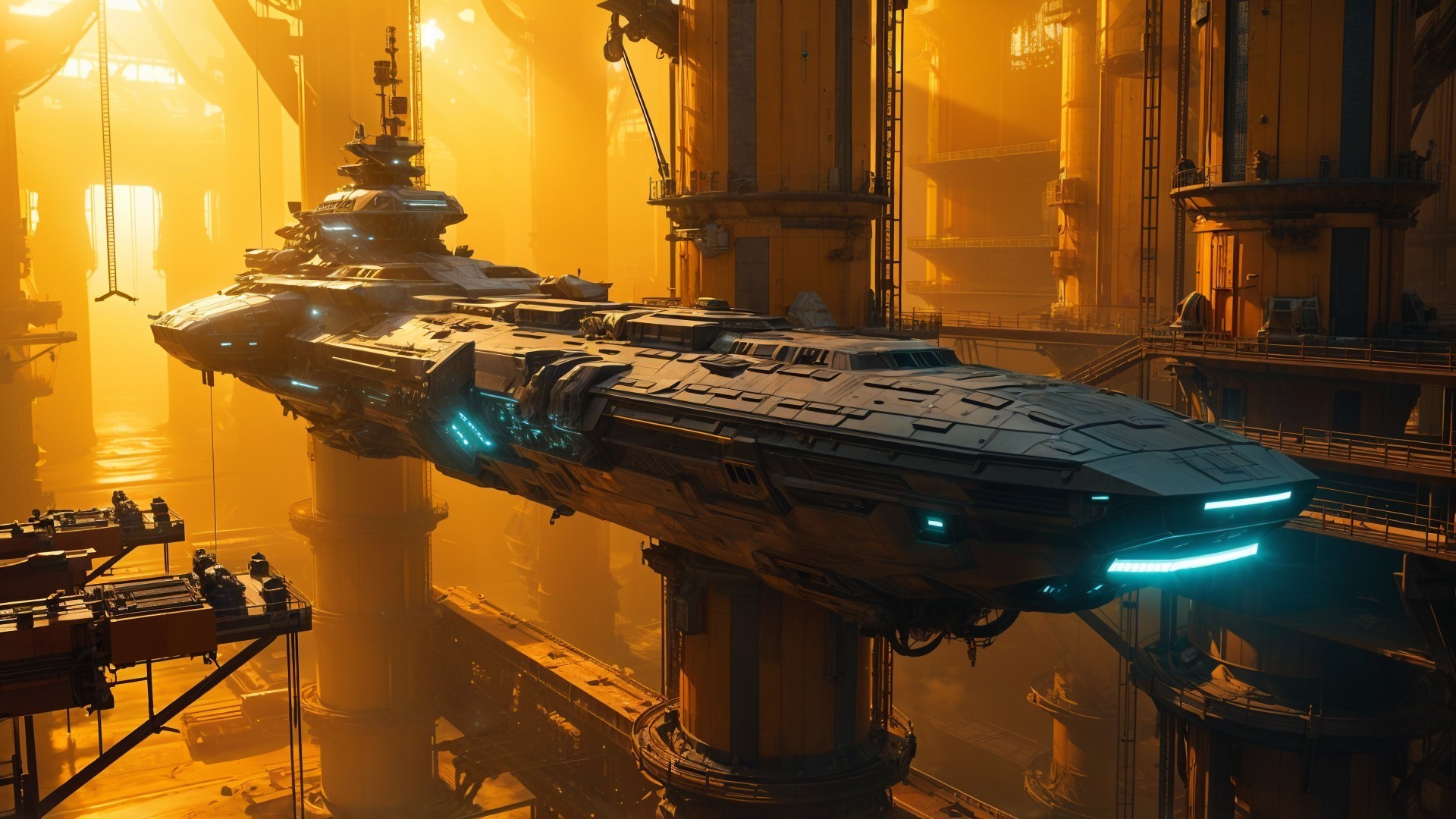 Futuristic Spaceship in Industrial Hangar Setting
