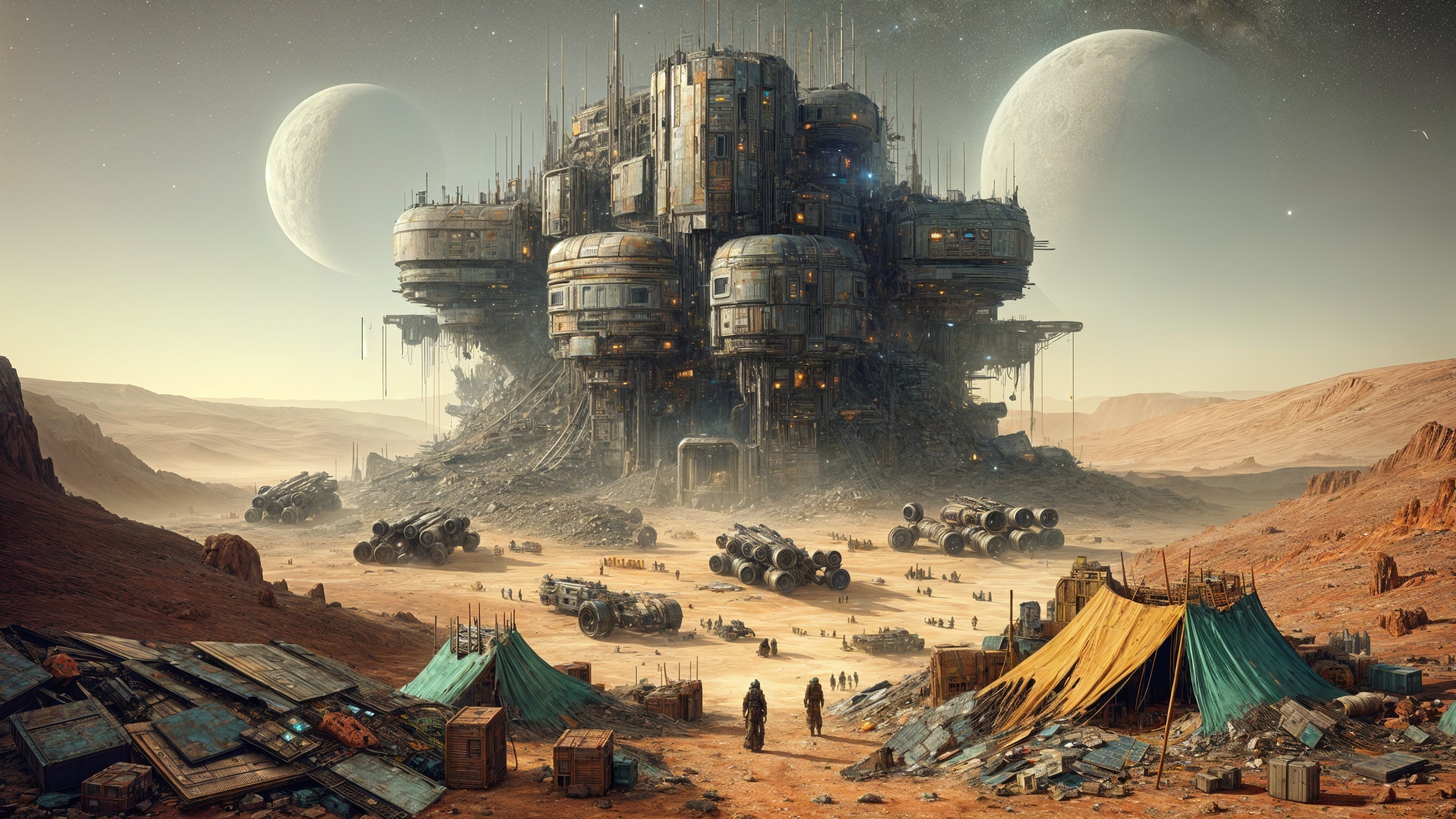 Futuristic Structure in Barren Landscape with Moons