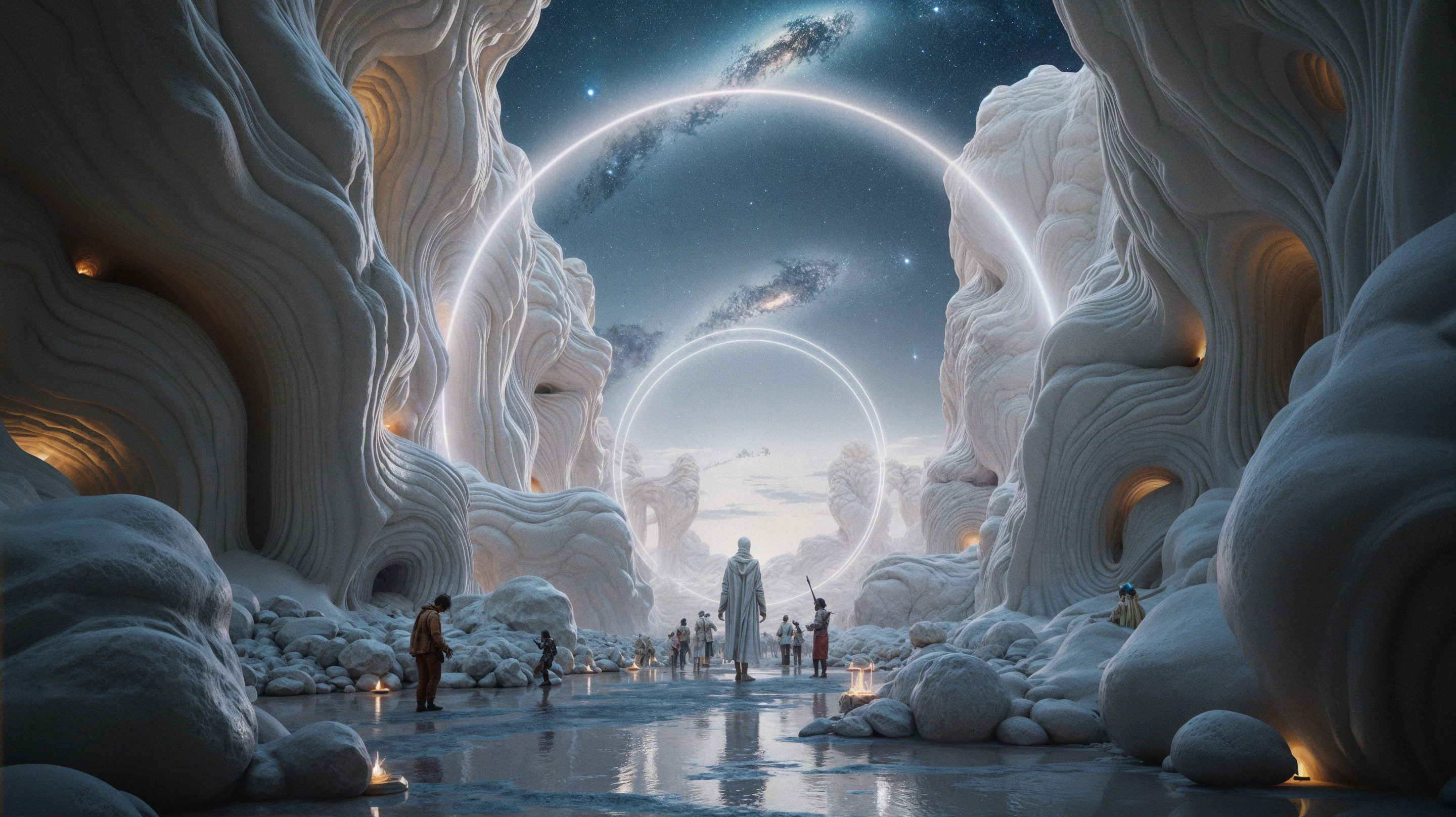 Otherworldly snowy landscape with glowing formations and galaxy