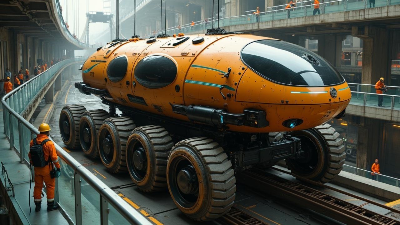 Futuristic Orange Exploration Vehicle in Industrial Station