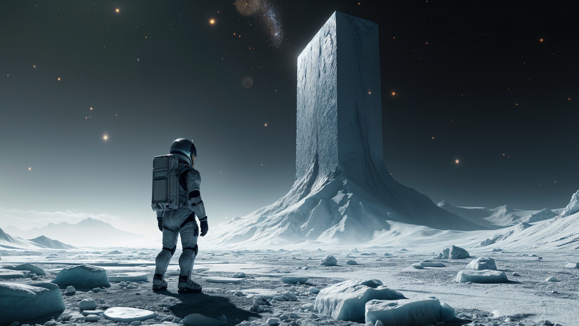 Astronaut on Icy Landscape with Monolithic Structure