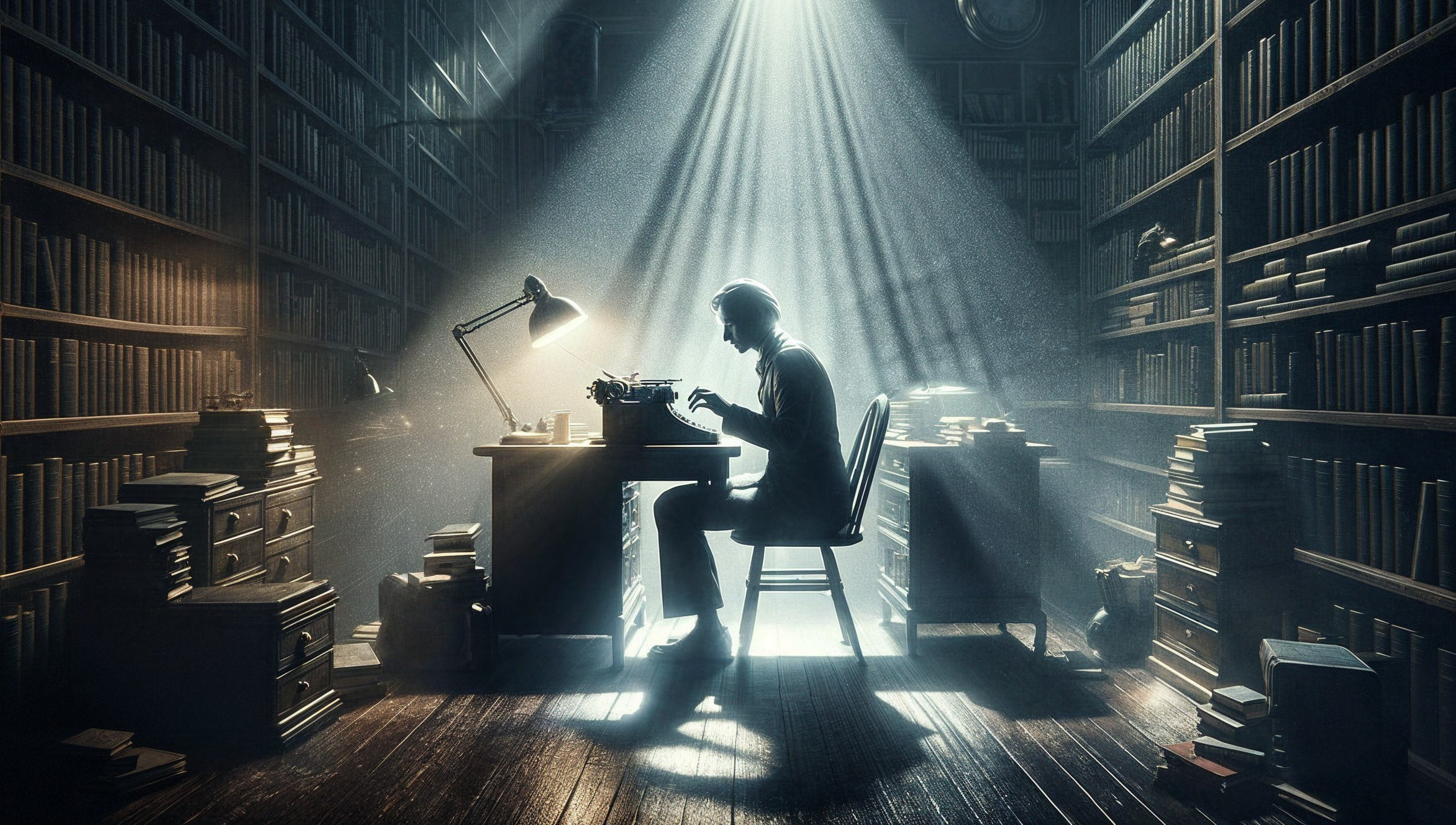 Solitary figure typing in a dimly lit library