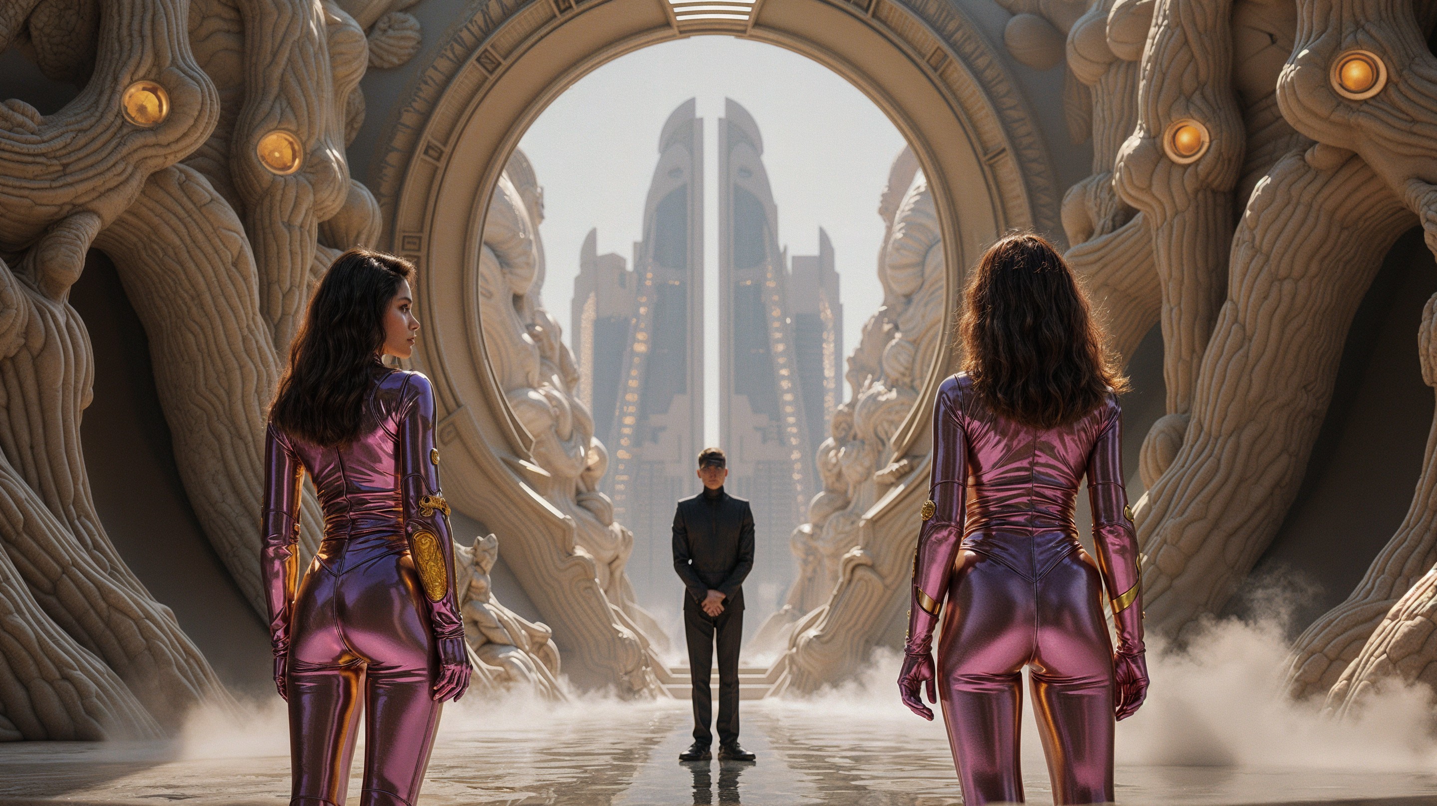 Futuristic Scene with Metallic Suits and Surreal Archway