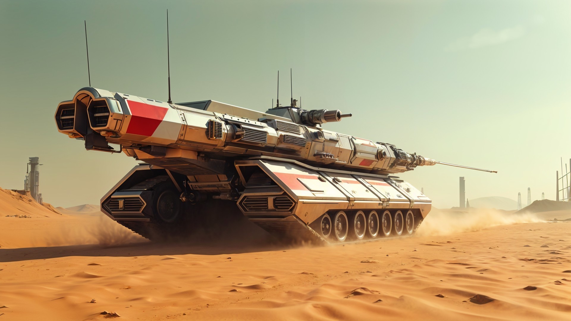Futuristic tank in a vast desert landscape setting
