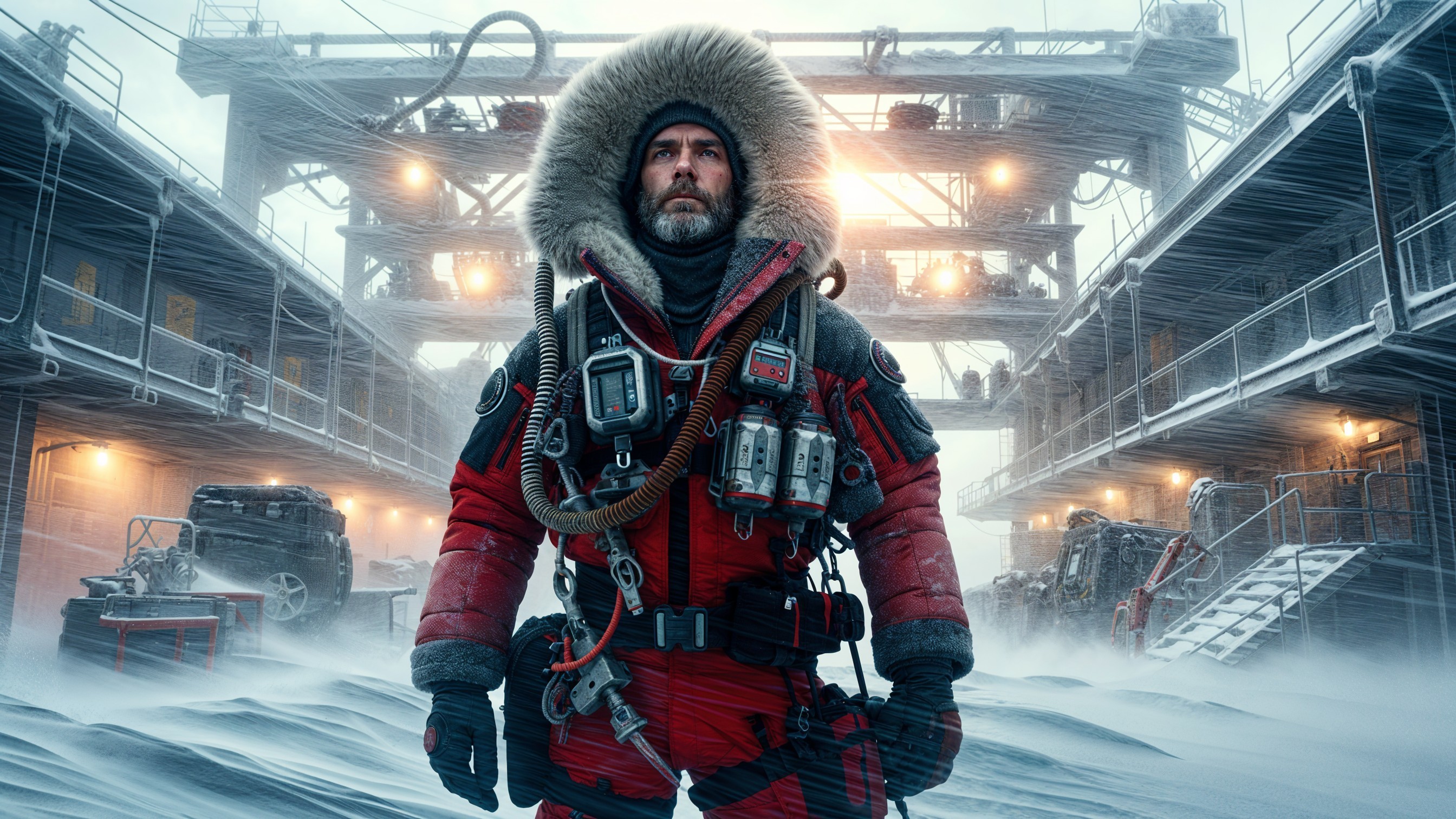 Rugged Figure in Fur-Lined Parka in Snowstorm