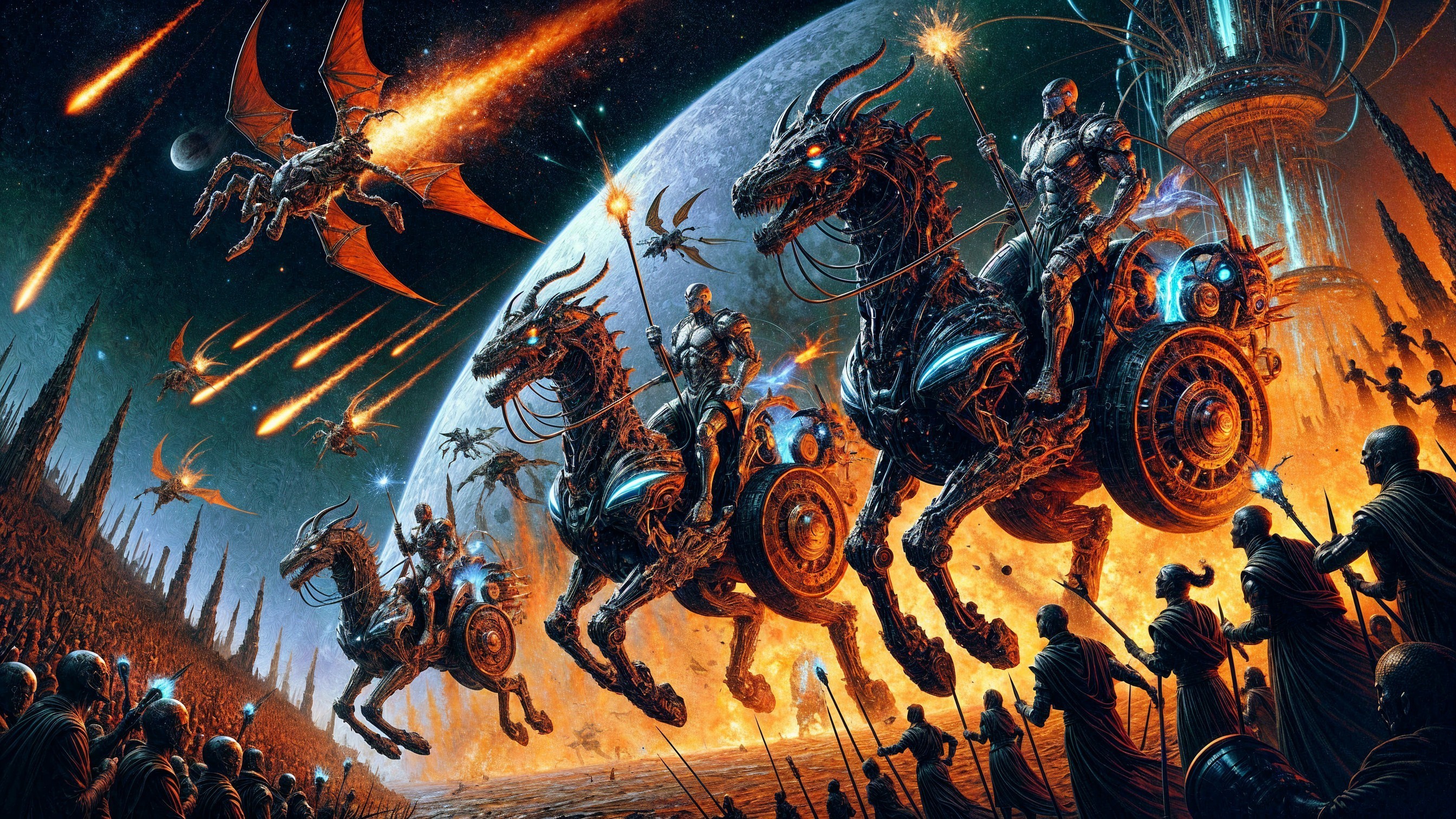 Futuristic armored figures on mechanized horses at dusk