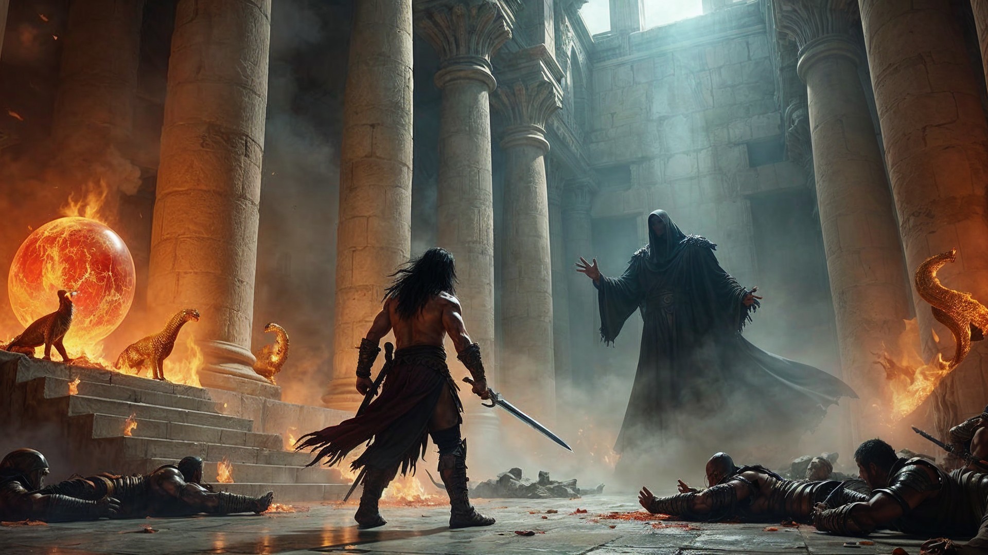 Warrior Confronts Dark Figure in Ancient Temple Scene