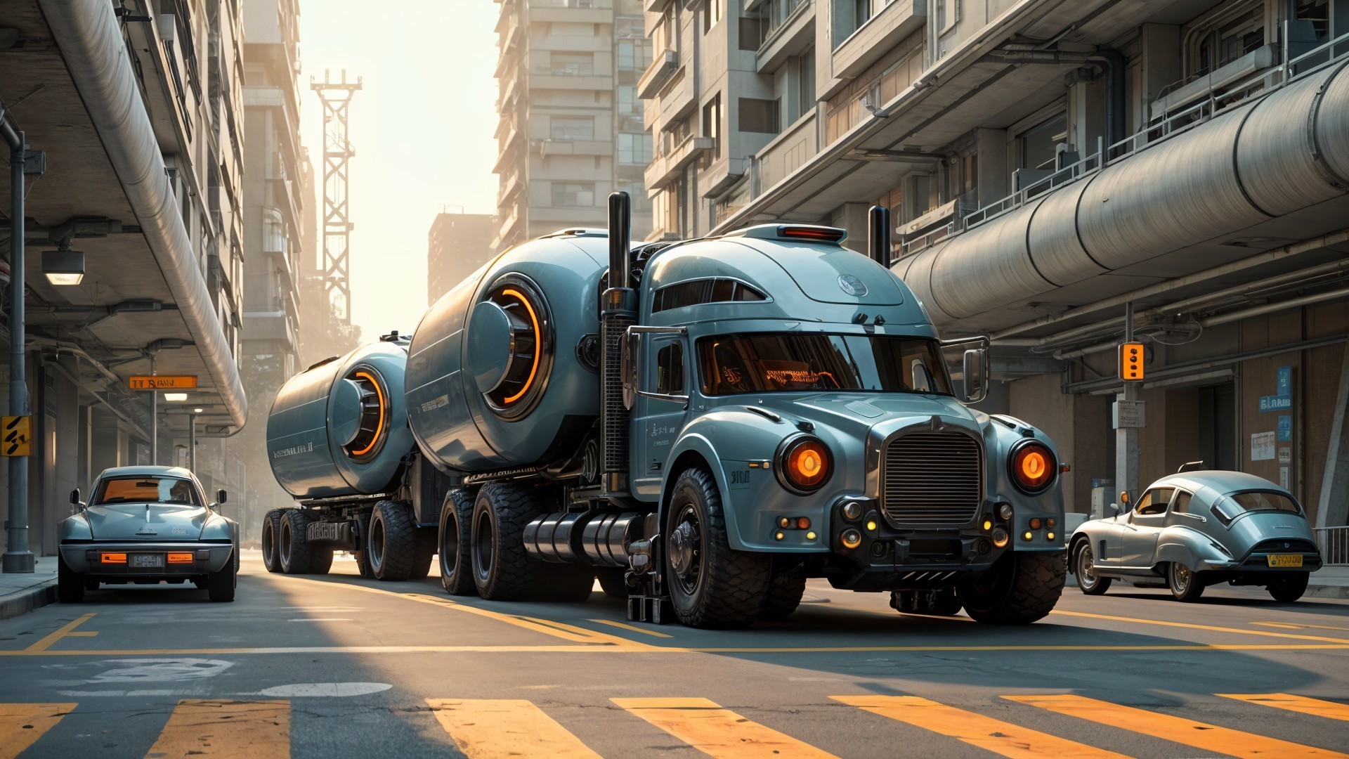Futuristic City Street with Retro-Futuristic Truck