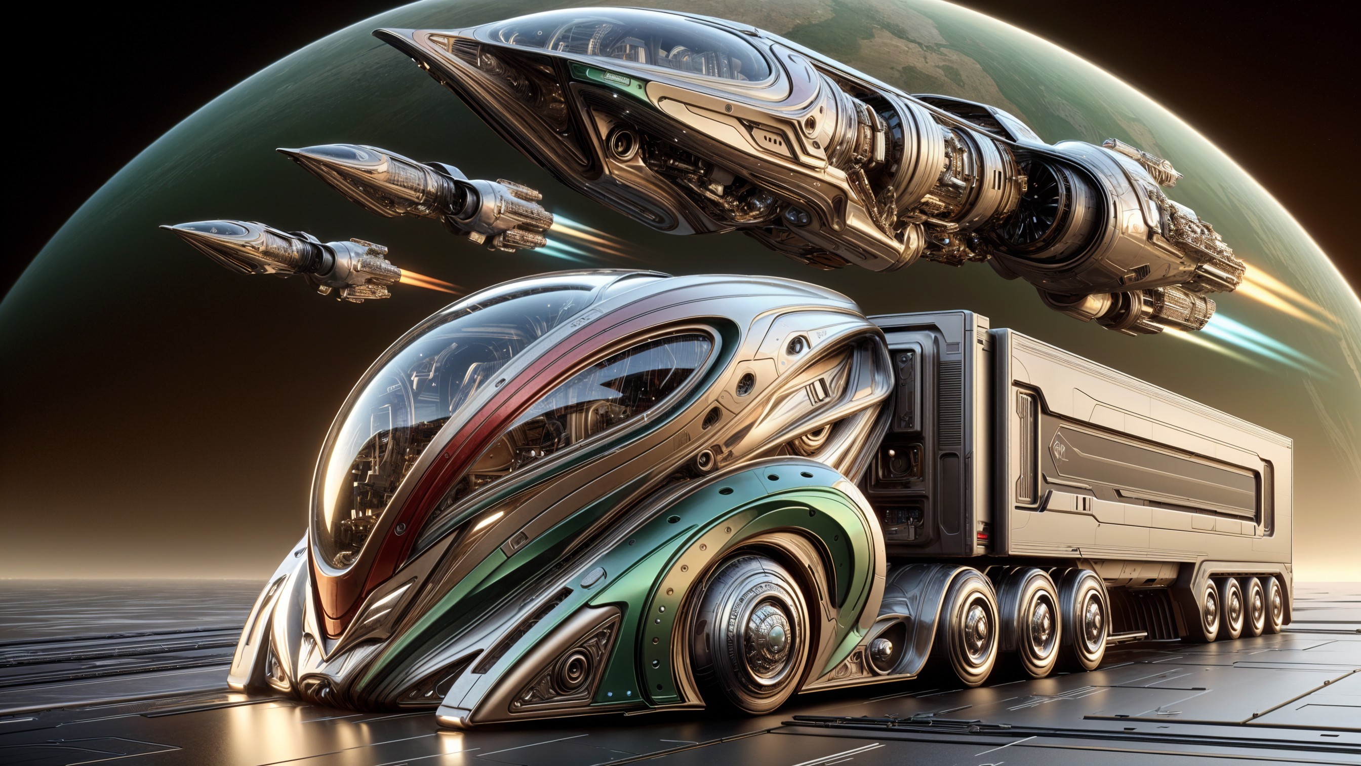 Futuristic spacecraft on metallic platform with flying ships