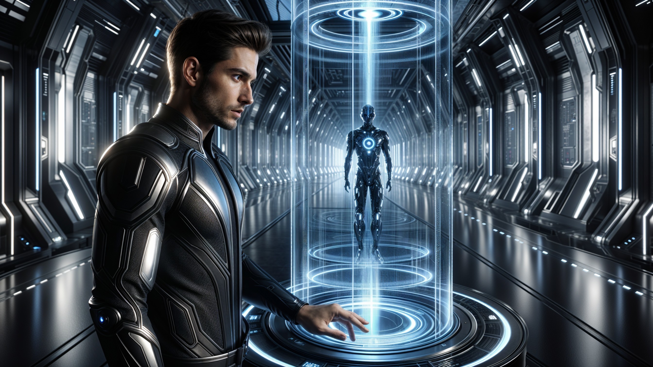 Futuristic Corridor with High-Tech Suit and Robot