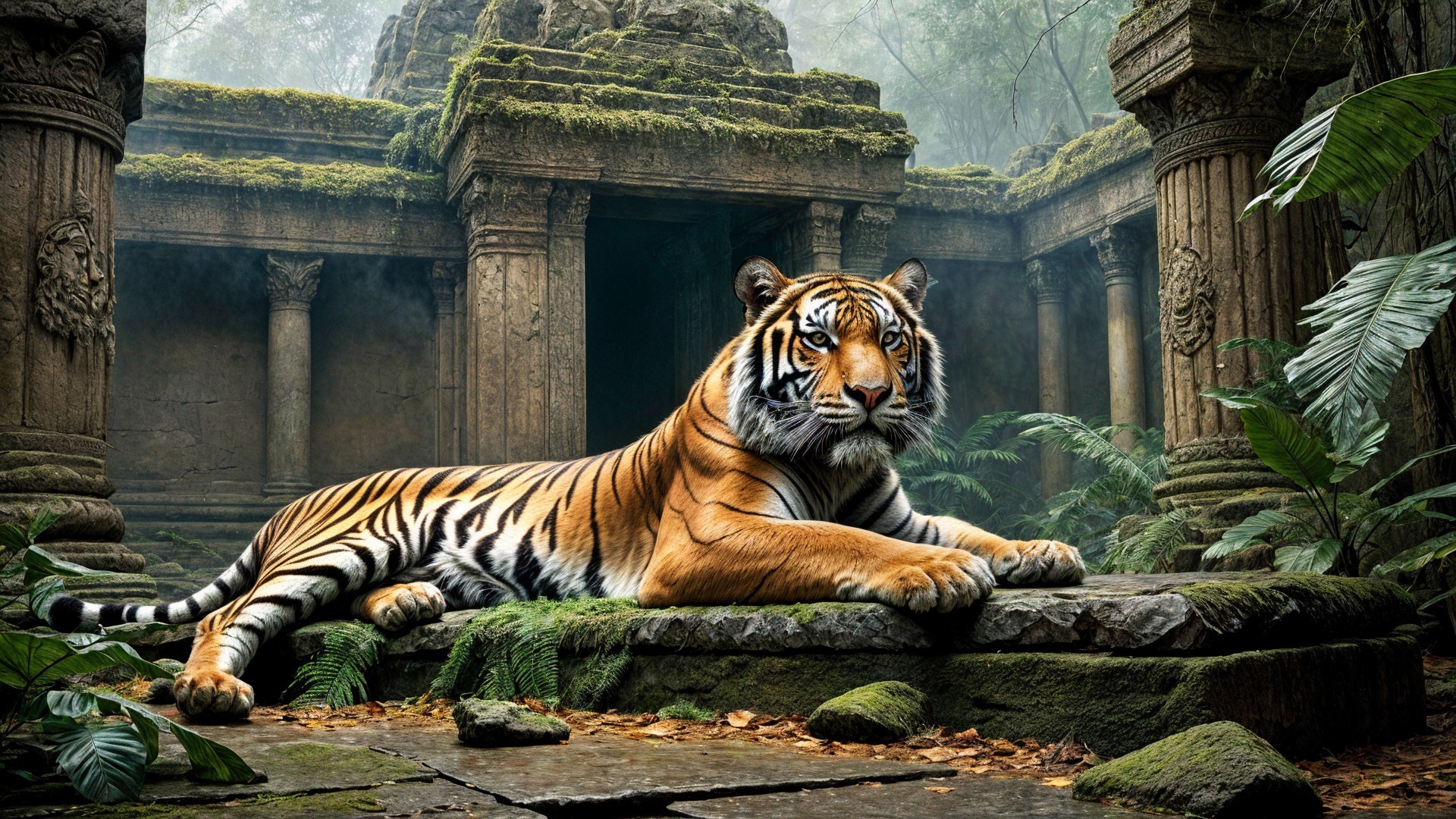 Majestic tiger resting on ancient stone ruins