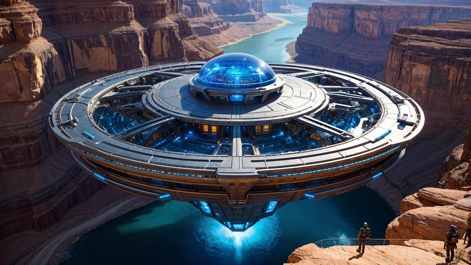 Futuristic Spacecraft Over Canyon Landscape with River