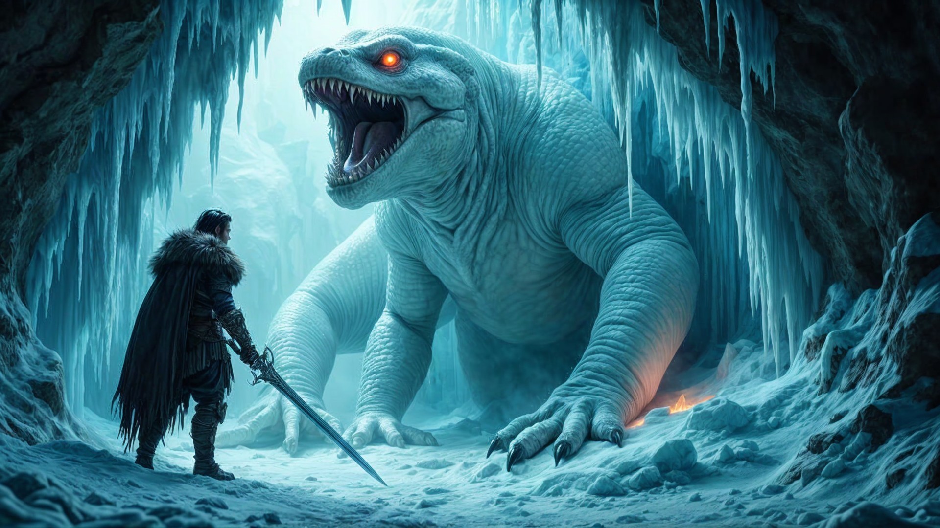 Warrior Faces Dinosaur-Like Beast in Frozen Cave