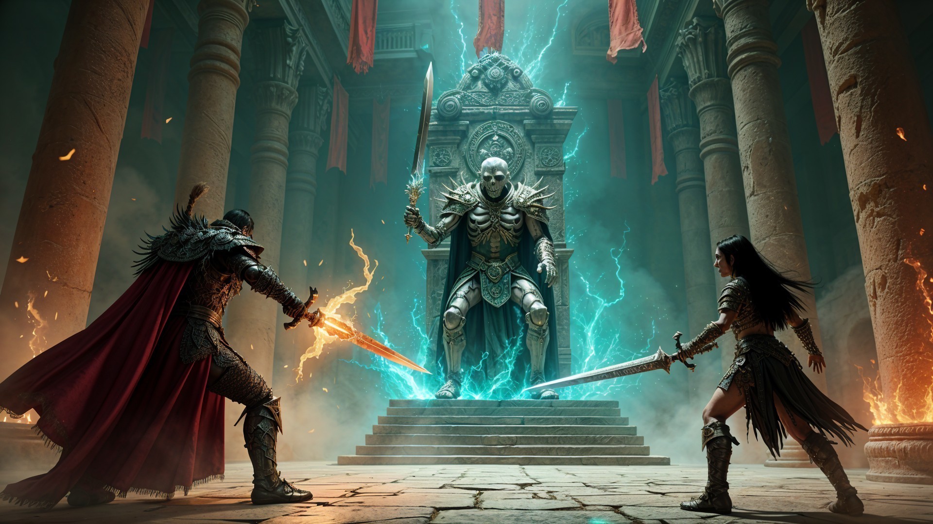 Warriors Confront Skeletal Figure in Ancient Temple