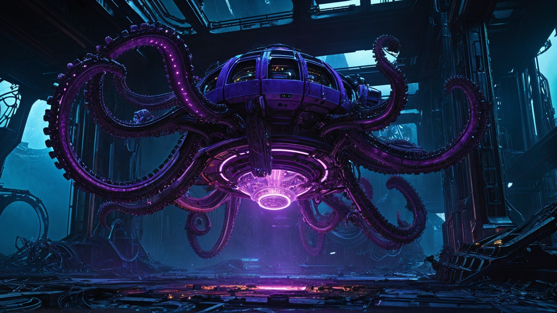 Mechanical Octopus Creature in Futuristic Setting