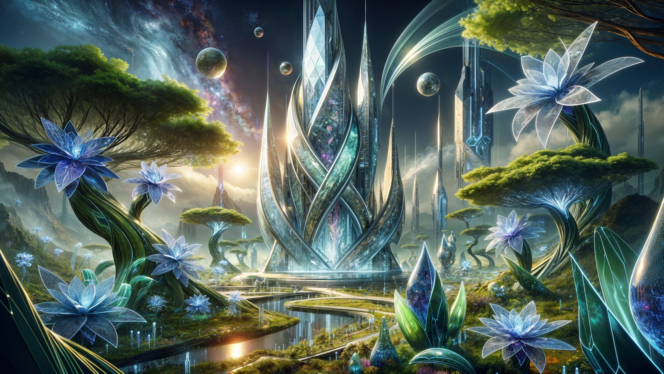 Futuristic Landscape with Crystalline Structures and Nature