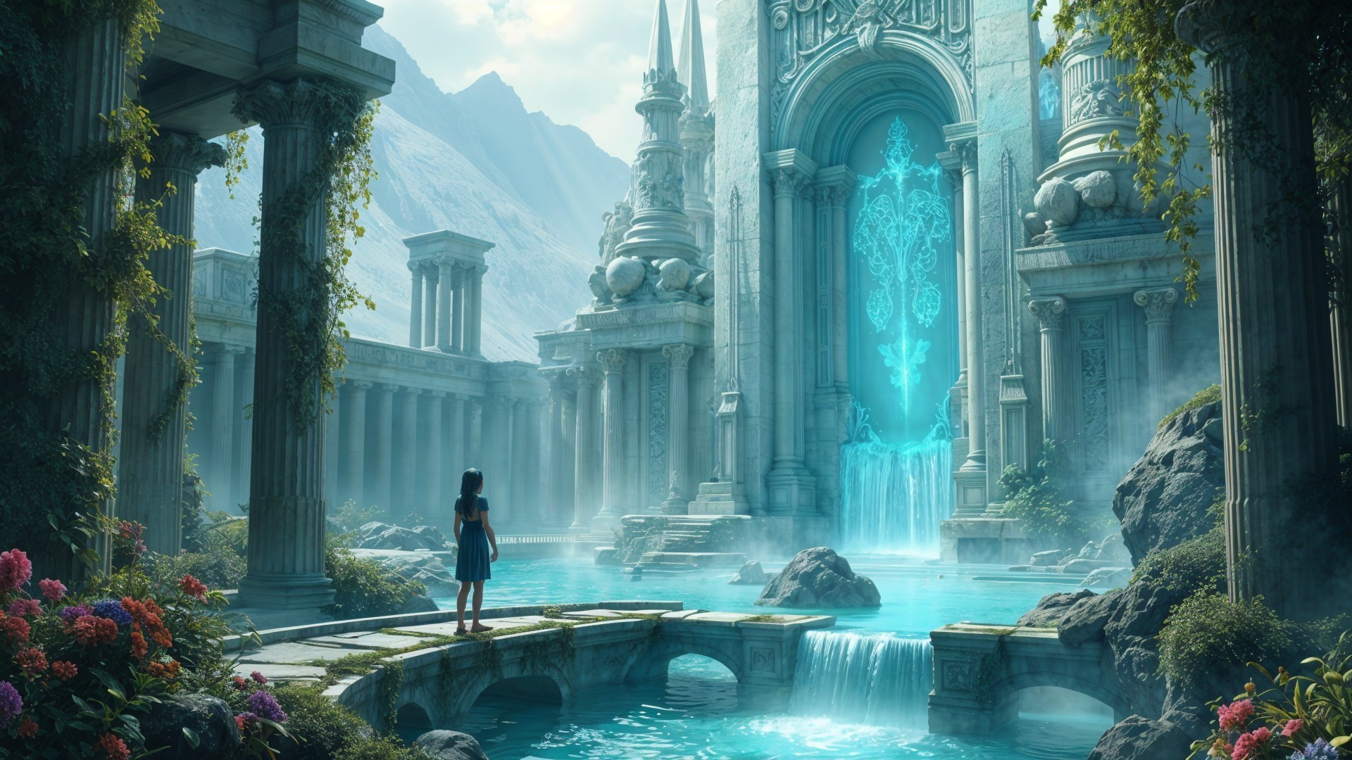 Serene Landscape with Ancient Structure and Waterfall