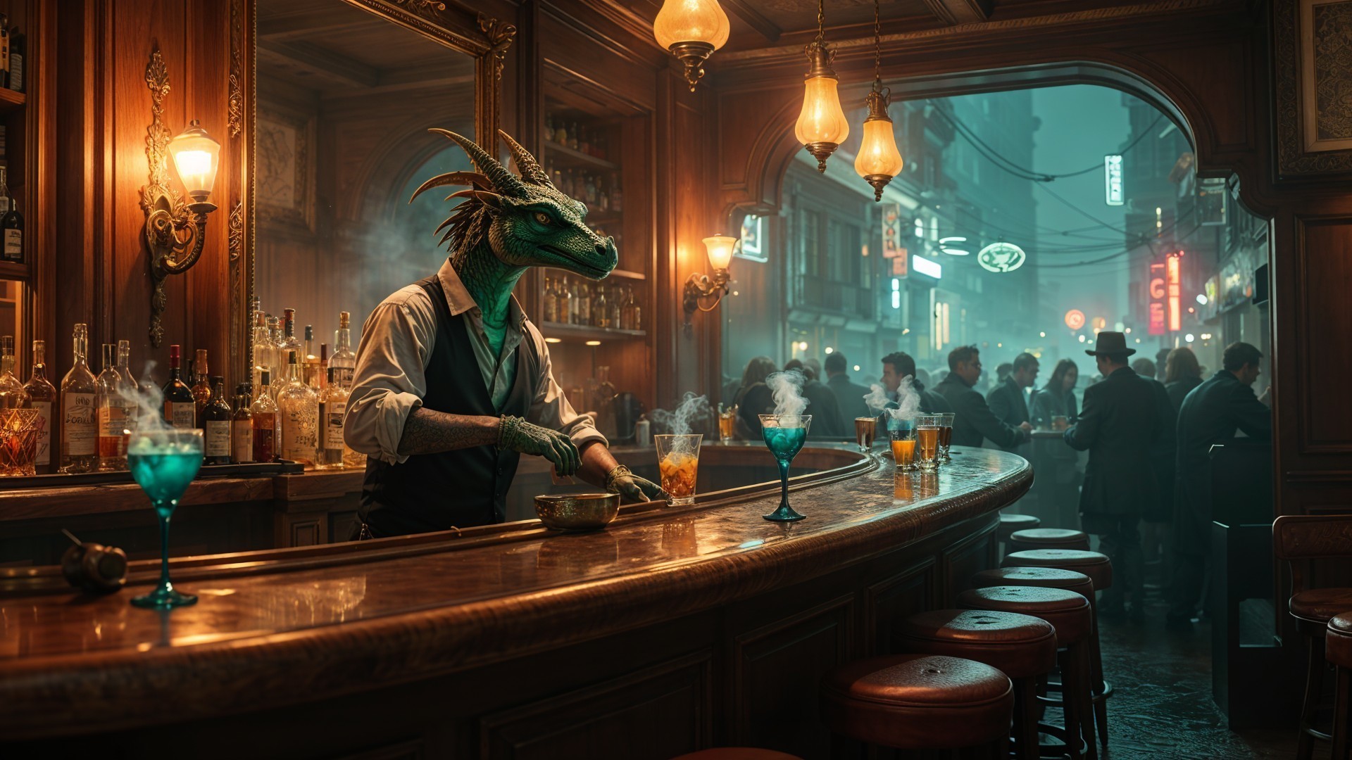 Reptilian Bartender in Enchanted Bar Setting