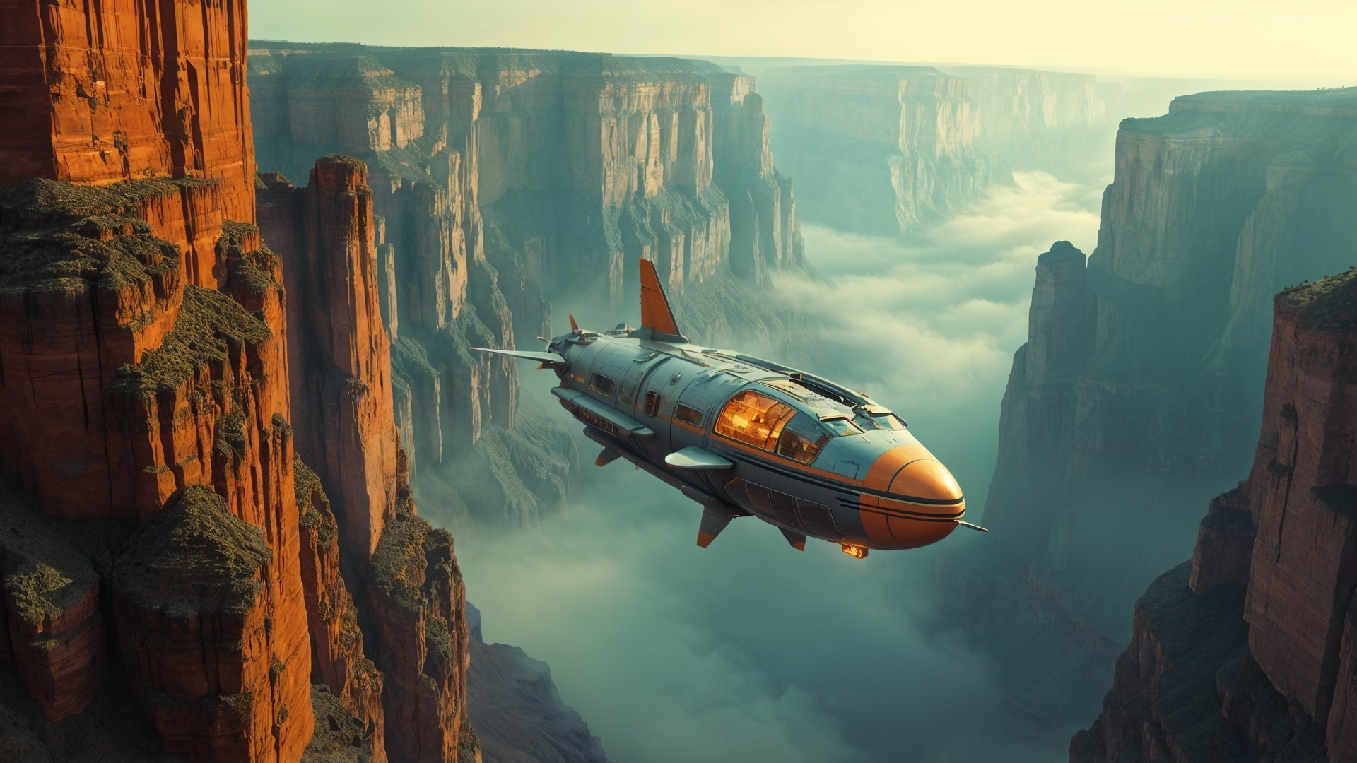 Futuristic spacecraft in a canyon landscape with mist
