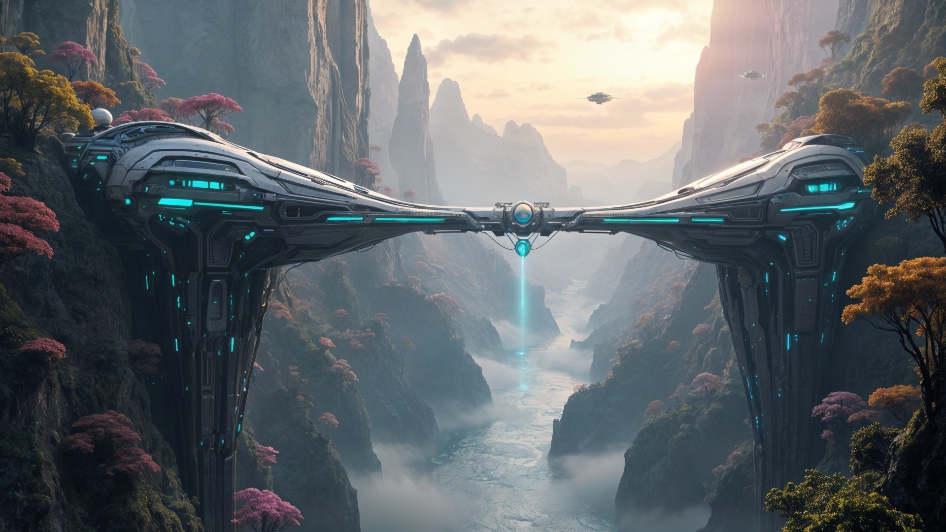 Futuristic Landscape with High-Tech Bridge and Cliffs
