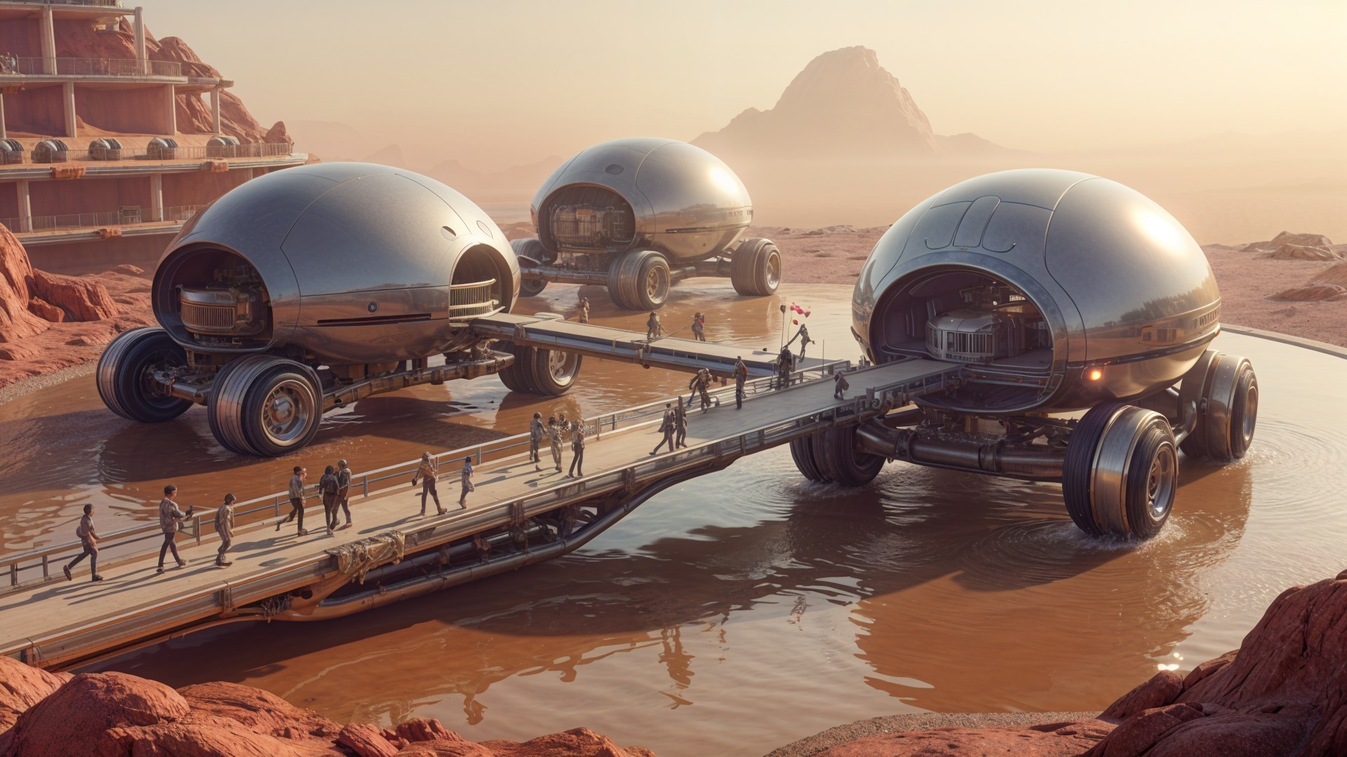 Futuristic Landscape on a Red Planet with Metallic Domes