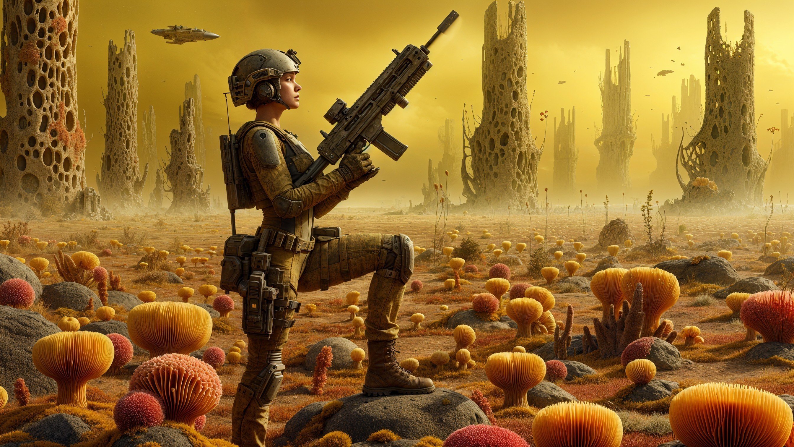 Surreal Alien Landscape with Soldier and Futuristic Rifle