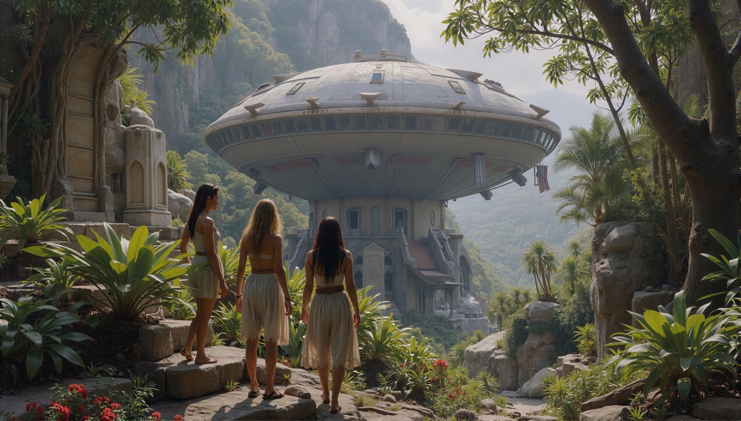 Group of Women in Lush Forest with Futuristic House