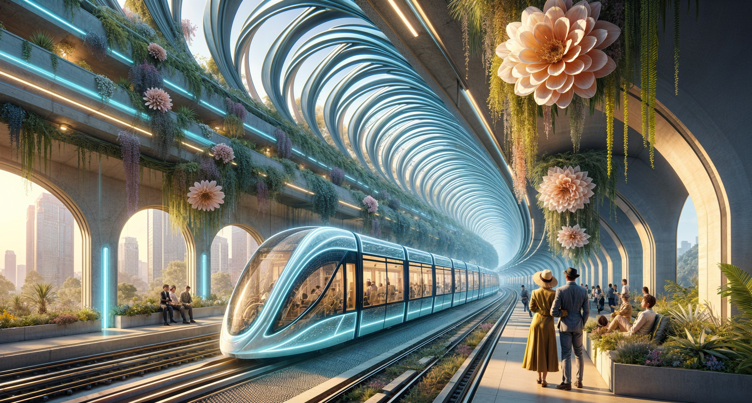 Futuristic Train Station with Nature-Inspired Design