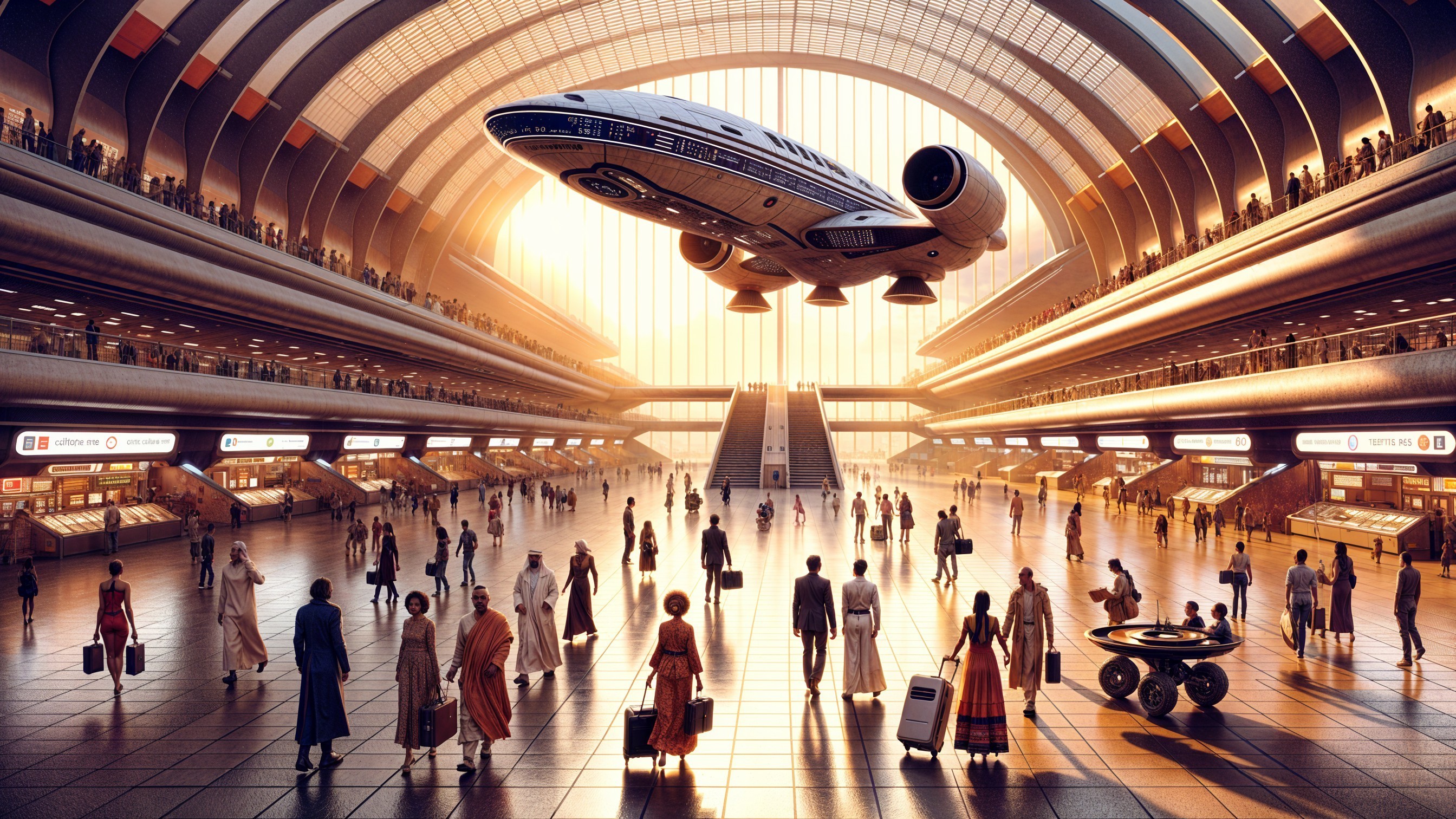 Futuristic transportation hub with advanced spacecraft and travelers