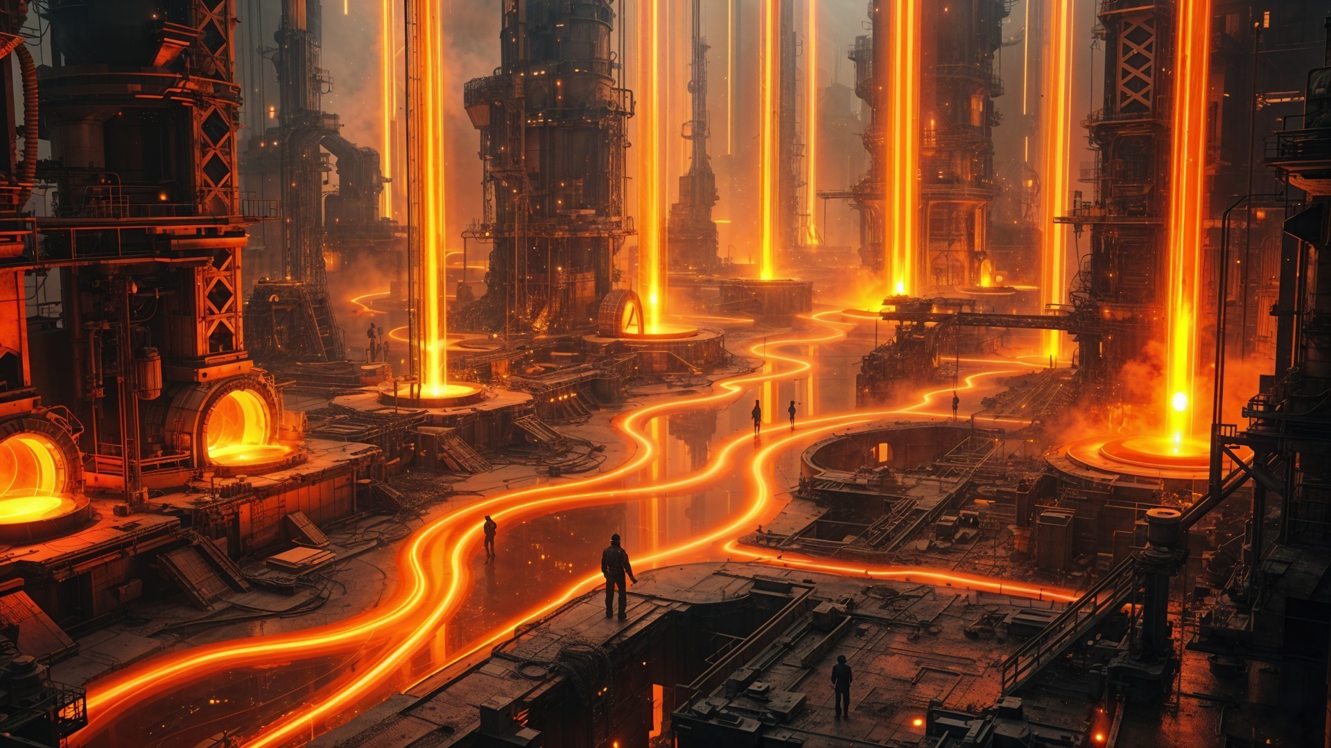 Futuristic Industrial Landscape with Molten Lava Streams