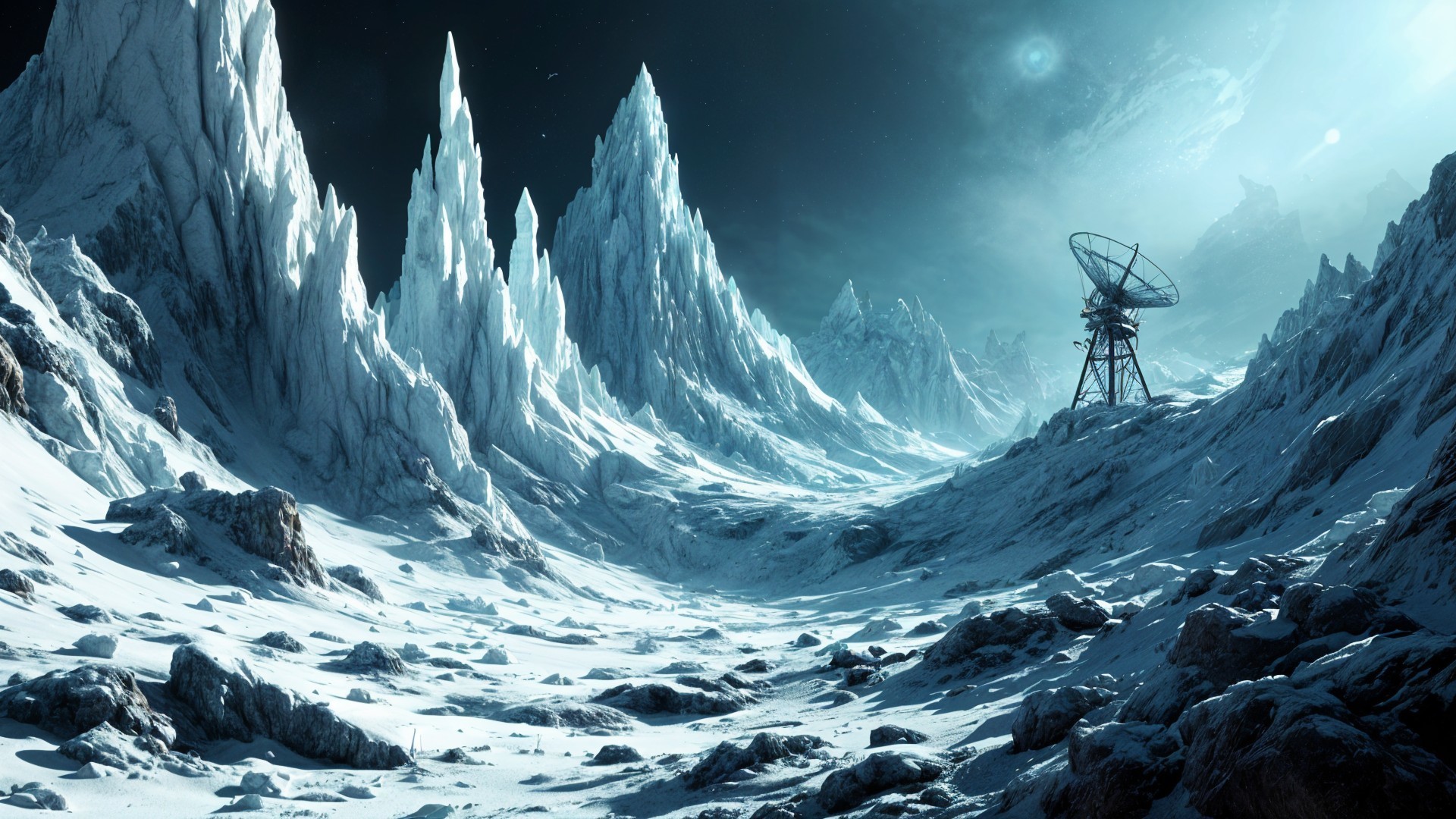 Icy Landscape with Satellite Dish and Celestial Bodies