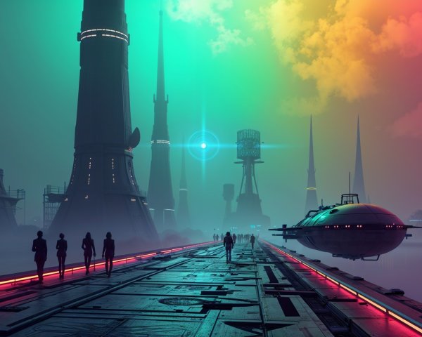 Futuristic landscape with neon towers and spacecraft