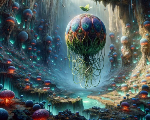 Surreal Landscape with Bioluminescent Flora and Orbs