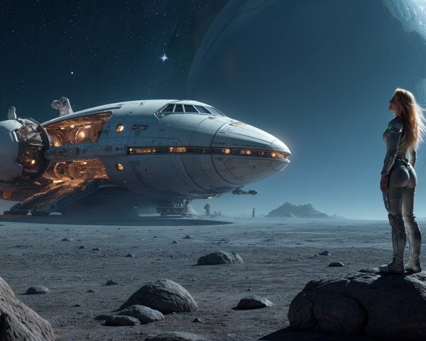 Lone Figure on Rocky Lunar Landscape with Spaceship