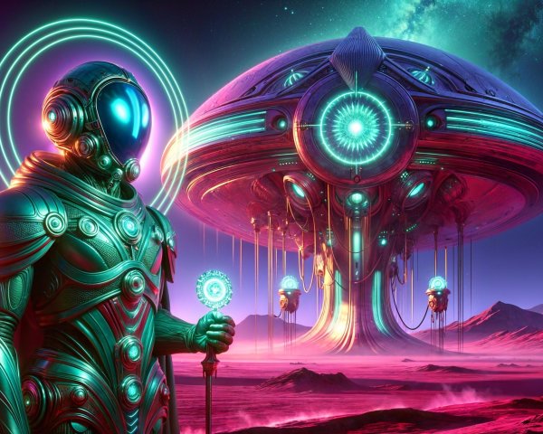 Futuristic humanoid and spaceship in alien landscape