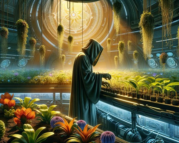 Futuristic greenhouse with vibrant alien plants and glow