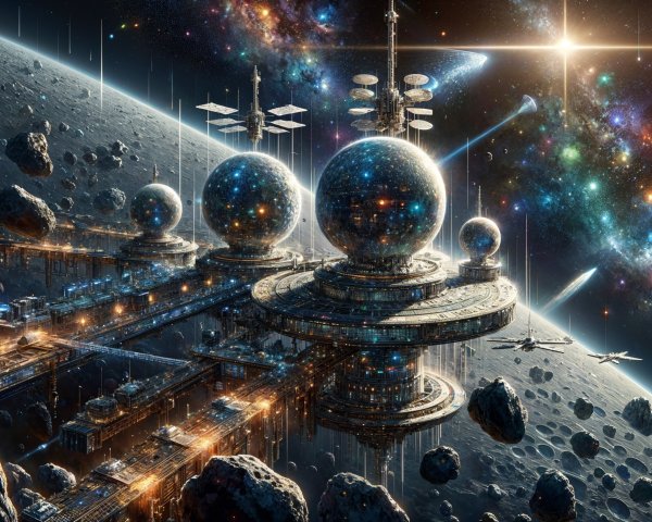 Futuristic Space Station in Asteroid Landscape