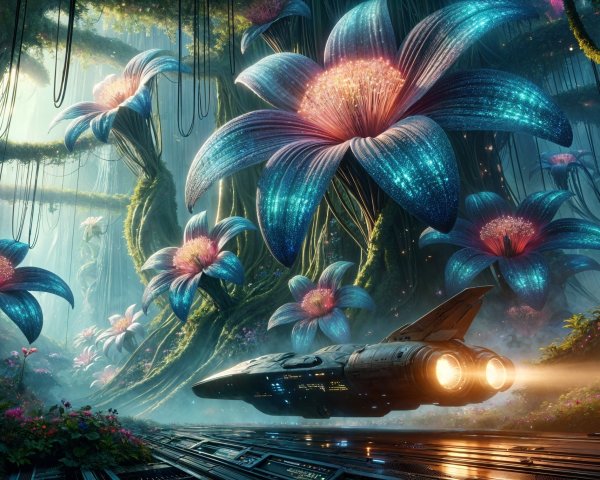 Futuristic Jungle with Bioluminescent Flora and Vessel