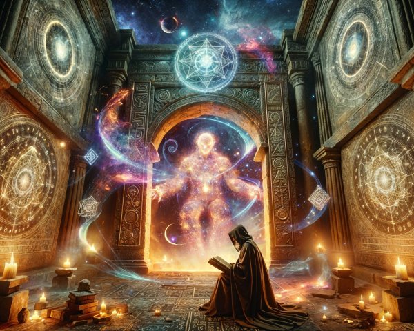 Mystical Chamber with Cloaked Figure and Cosmic Portal