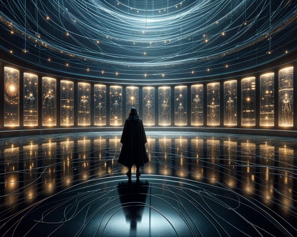 Futuristic Chamber with Holographic Robotic Displays
