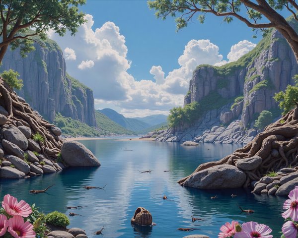 Scenic River Landscape Between Rocky Cliffs and Trees