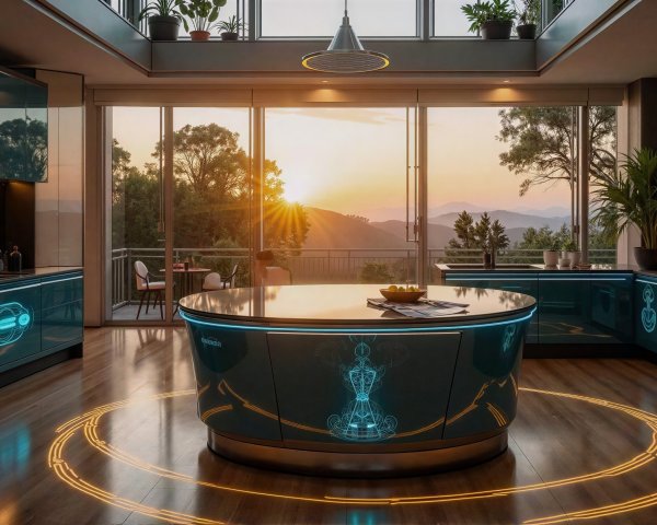 Modern Kitchen with Sunset Views and Teal Accents