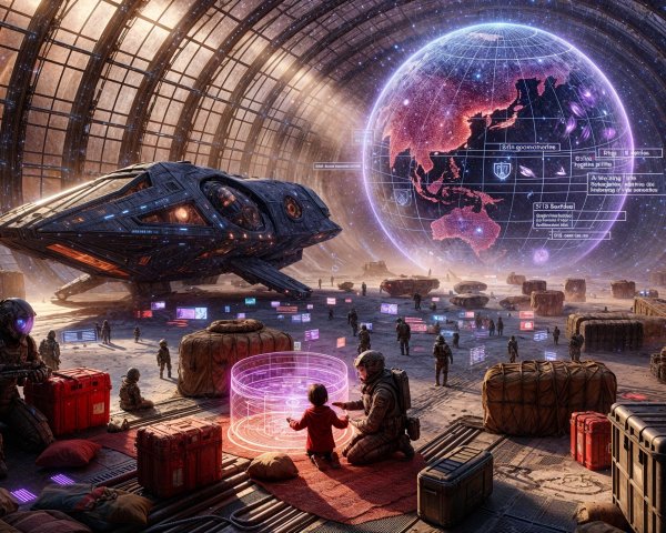 Futuristic Space Station with Holographic Display and Spaceship