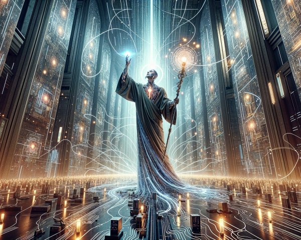 Ethereal Figure in Digital Chamber with Circuit Patterns