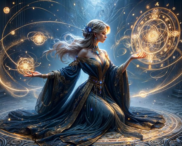Mystical Sorceress in Elegant Blue Gown Surrounded by Light