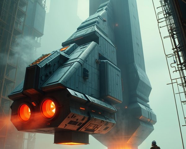 Futuristic spacecraft in high-tech hangar setting