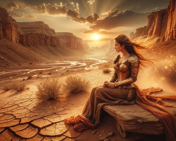 Desert Sunset with Woman in Ornate Armor on Rock