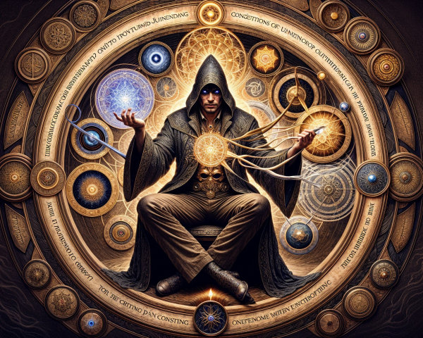 Cloaked Figure in Meditative Pose with Cosmic Symbols