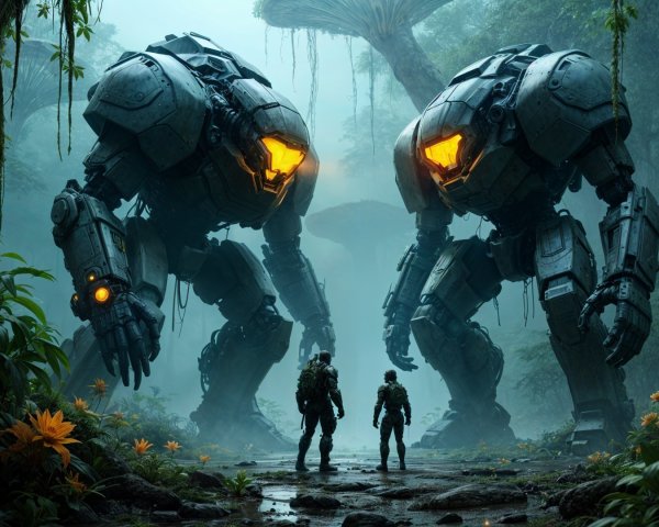 Robotic Creatures in a Jungle with Futuristic Figures