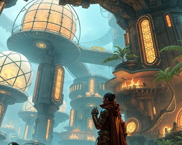 Futuristic cityscape with glowing architecture and greenery